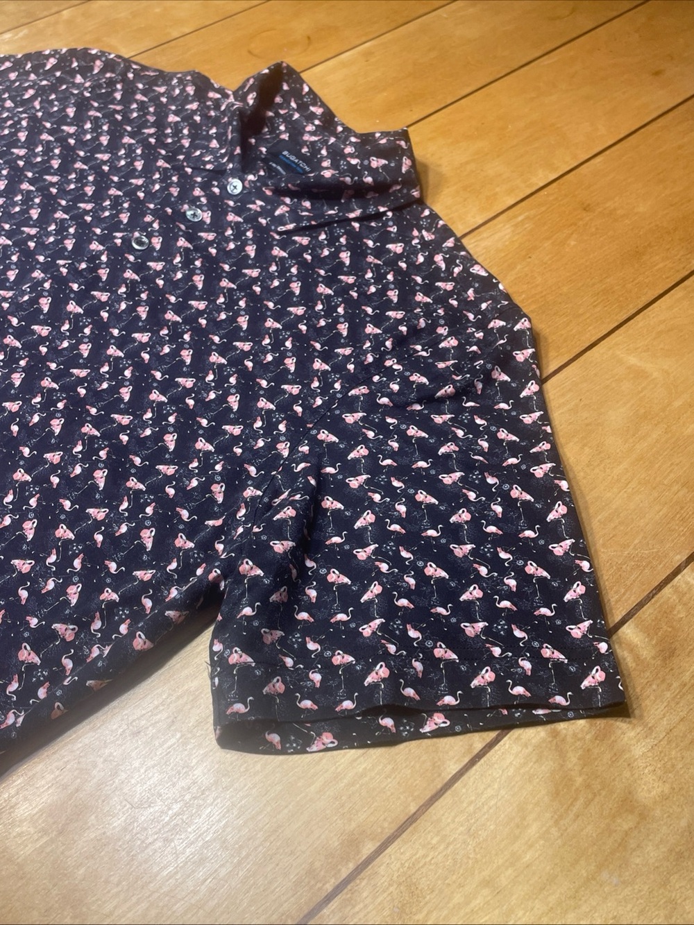 Bugatchi OooCotton 8 Way Tech Black Polo with Pink Flamingo Motif Size Large - Picture 5 of 16
